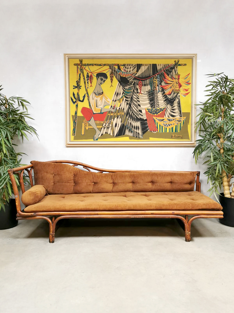 Midcentury bamboo sofa chaise longue daybed bamboe lounge bank