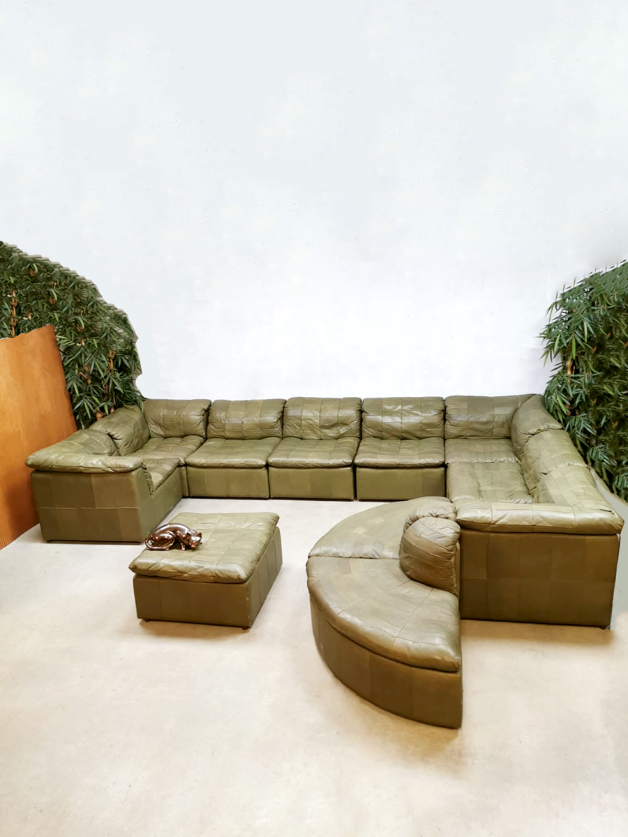 Midcentury design modular sofa modulaire bank Laauser 'Green Patchwork leather'