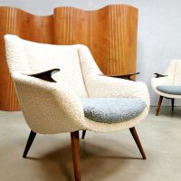 Danish teak armchair lounge fauteuil duo tone boucle fabric sheepskin