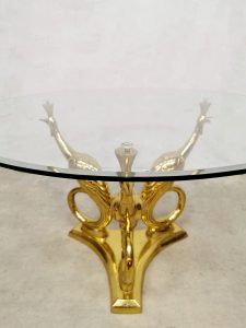Midcentury design brass coffee table 'Trio of golden peacocks'