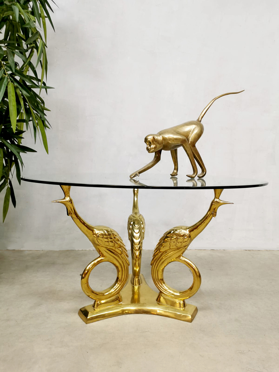 Midcentury design brass coffee table 'Trio of golden peacocks'