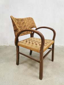 Bauhaus wood & rope wingback armchairs German lounge touwstoelen