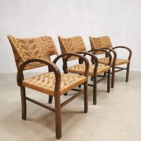 Midcentury French design wingback woven rope chairs touw stoelen