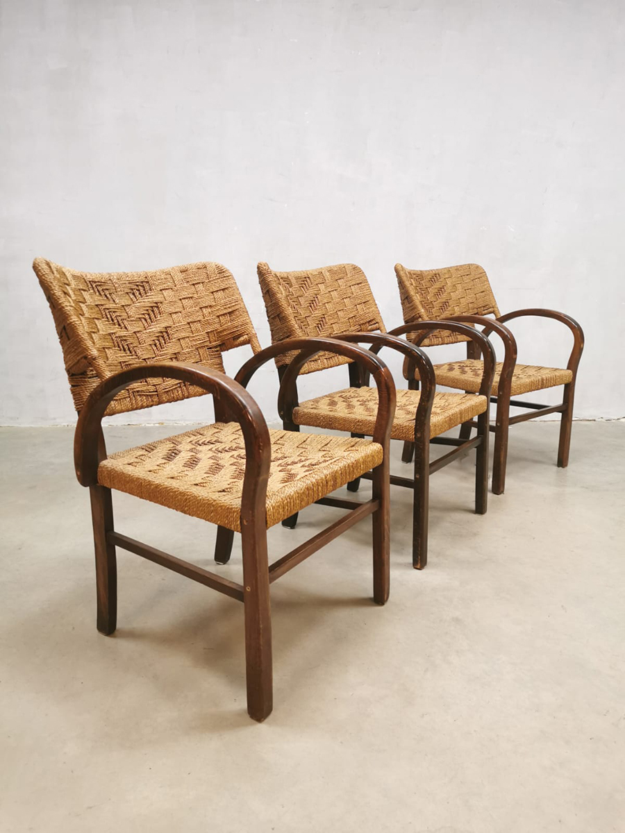 Midcentury French design wingback woven rope chairs touw stoelen