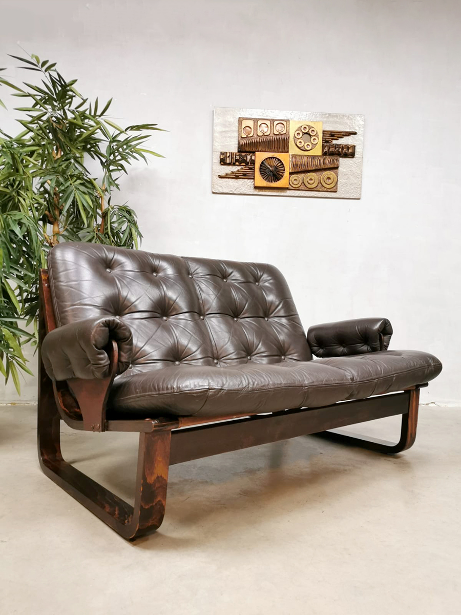 Midcentury vintage design brown leather sofa bruine leren bank Coja