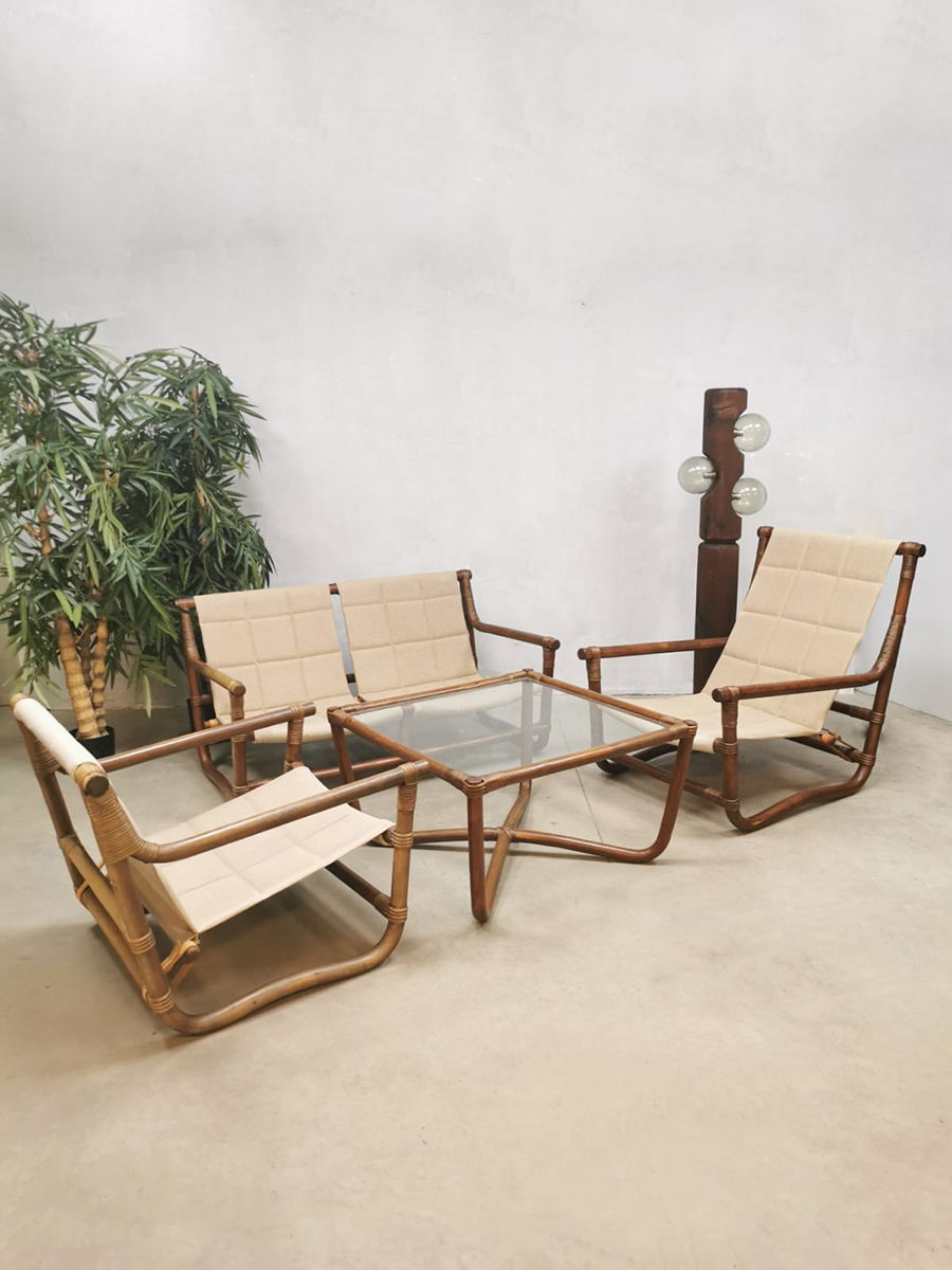 Vintage bamboo rattan lounge set sofa chairs & table 'Safari time'