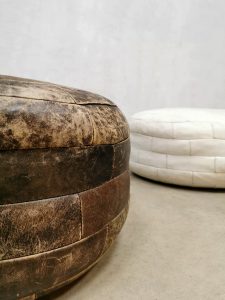 Vintage seventies leather footstool pouf ottoman leren poef 'Patchwork'