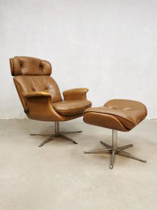 Vintage design leather armchair swivel & ottoman 80's