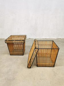 Set Dutch vintage rattan & steel storage basket mand Dirk van Sliedregt Rohé