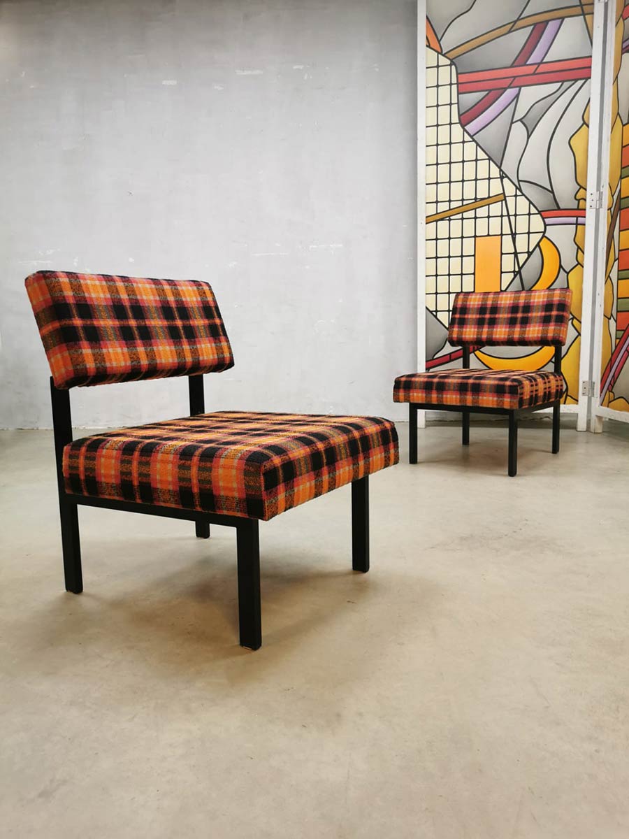 Vintage Dutch design easy chairs fauteuils 'coloured check'