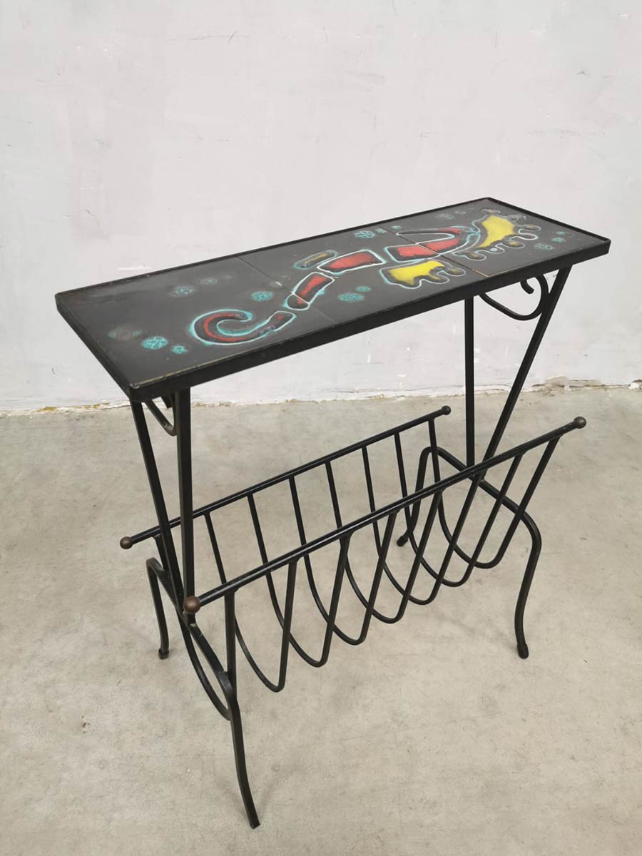 Vintage design magazine rack tile table tegeltafel lectuurbak 'Sea Horse'