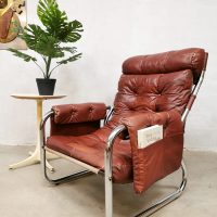 Midcentury patchwork leather tubular sling lounge chair fauteuil 70’s