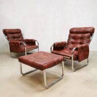 Midcentury patchwork leather tubular sling lounge chair fauteuil 70’s