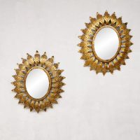 Midcentury French gold gilded leaf sunburst mirrors vintage
