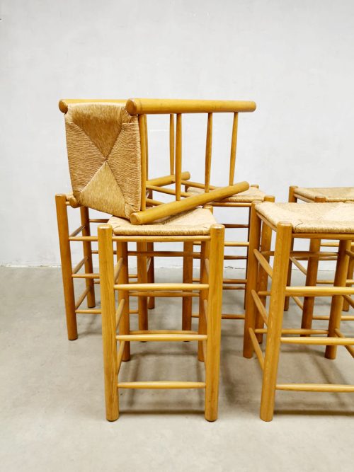 Vintage brutalist rush seat wooden barstools rieten barkrukken 'Nature'