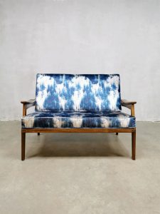 Midcentury design teak sofa loveseat bank 'splash of silky blue'