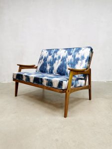Midcentury design teak sofa loveseat 'splash of silky blue'