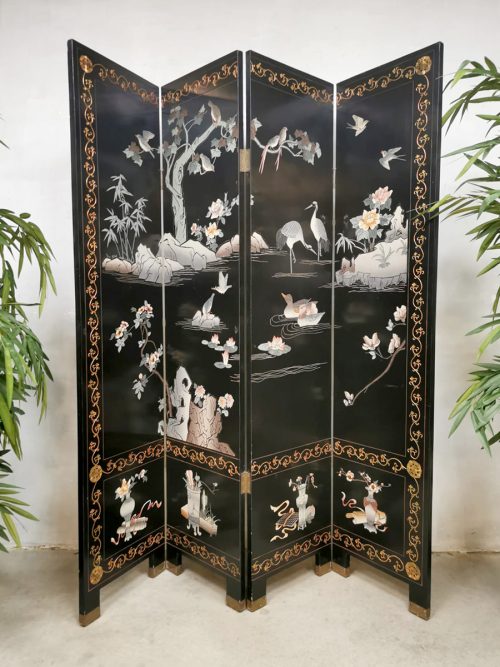 Vintage 4-panel room divider folding screen 'Crane birds'