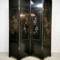 Vintage Asian lacquer room divider 4-panel 'Aziatische kunst' birds