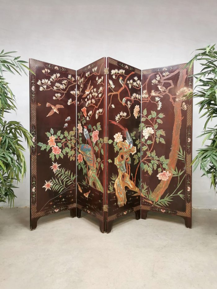 Vintage Asian room divider Aziatische paravan kamerscherm 'Exotic birds'