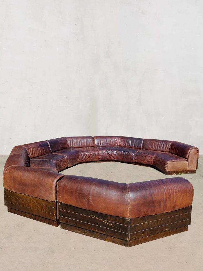 Midcentury design round leather modular sofa vintage leren modulaire elementen bank XXL