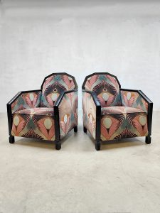 Vintage Art deco peacock print club chairs armchairs pauw print 1940