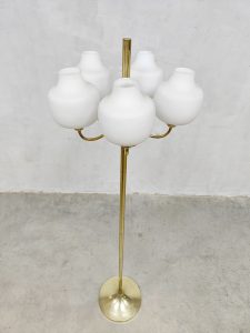 Midcentury art deco floor lamp brass gold opaline glass vloerlamp