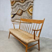 Vintage French rush straw seated sofa hall bench 'Wabi Sabi'