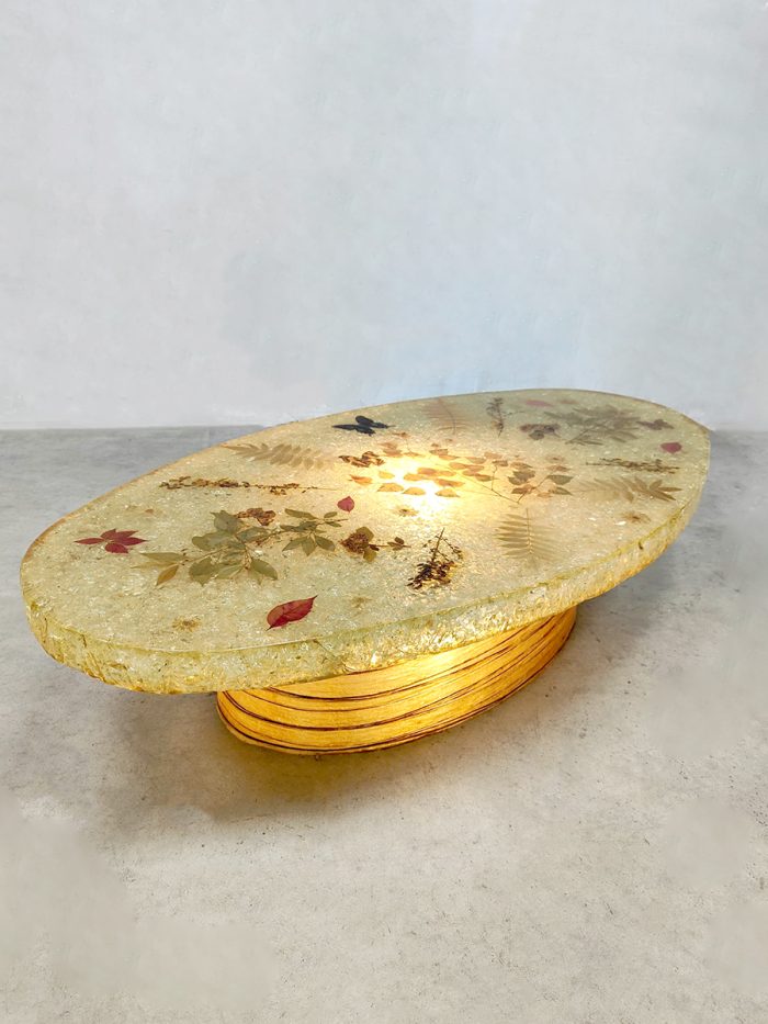 Midcentury modern illuminated Accolay coffee table resin salontafel 'Pressed Flowers'