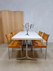 Vintage Dutch design chrome dining set leather chairs
