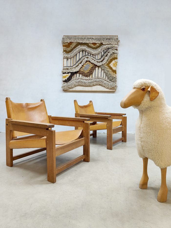 Vintage leather Safari armchairs 'Brutalist' lounge fauteuils