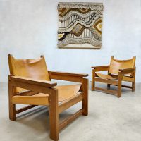 Midcentury design leather safari chair armchair leren safari stoel