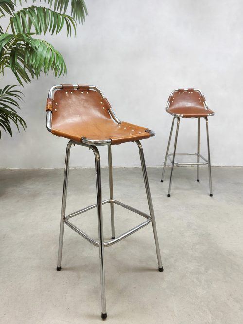 Midcentury design leather & chrome barstools krukken 'Les Arcs' 1960's