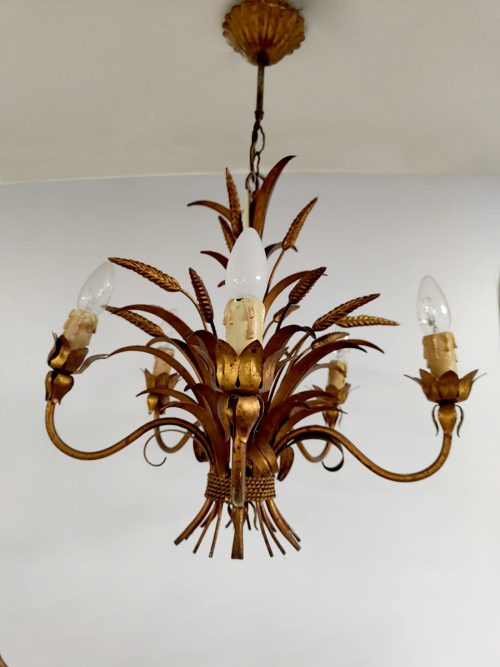 Midcentury Hollywood regency brass wheat sheaf hanglamp