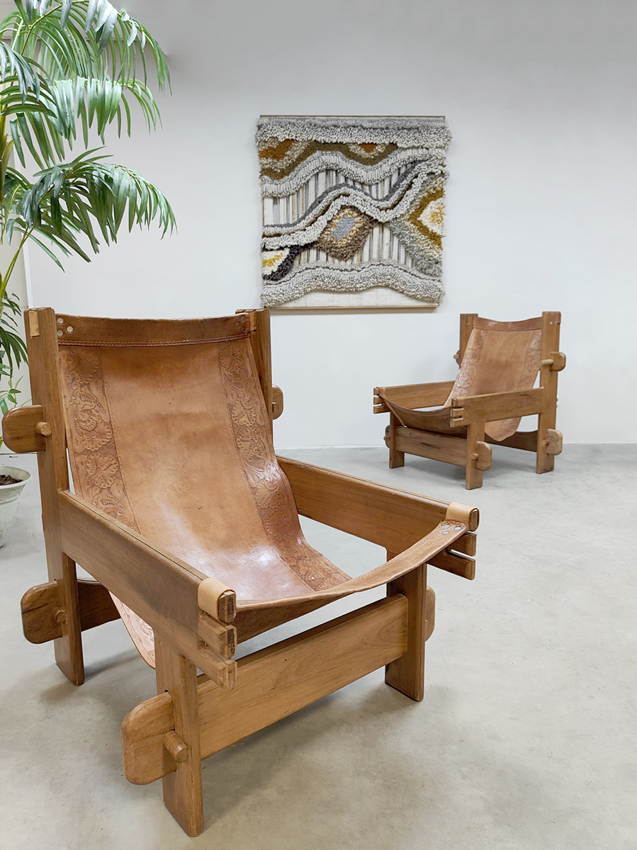 Vintage brutalist leather armchairs lounge fauteuils 'Safari time'