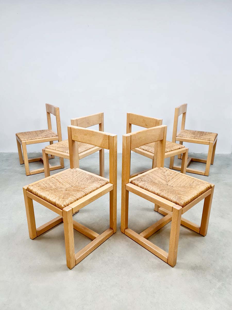 Vintage design woven rush seat dining chairs