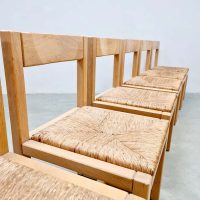 Midcentury modern design wooden chairs woven rush seats modernistische houten eetkamer touw stoelen Frankrijk 1960