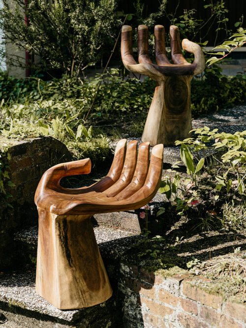 Wooden handcrafted carved chair stool houten hand stoel kruk