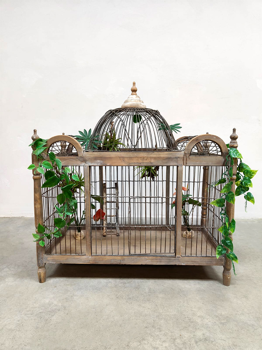 Midcentury decorative large wood metal birdcage vogelkooi 1