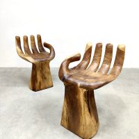 Wooden handcrafted carved chair stool houten hand stoel kruk