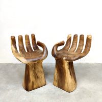 Midcentury interior design handcrafted carved chair stool houten hand stoel kruk