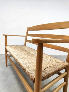 French vintage beech rush bench sofa eetkamerbank 'Wabi Sabi style'