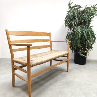 French vintage beech rush bench sofa eetkamerbank 'Wabi Sabi style'