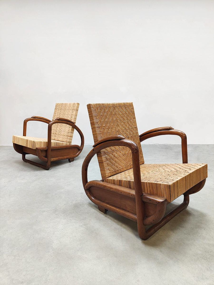 Art deco design rattan woven lounge chairs