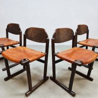 Vintage brutalist wooden leather chairs leren eetkamerstoelen 1970s