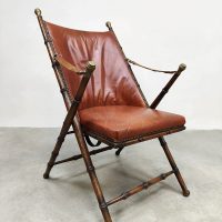 Vintage French design leather folding armchair leren klapstoel Maison Jansen 1950s