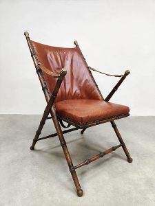 Vintage French design leather folding armchair leren klapstoel Maison Jansen 1950s