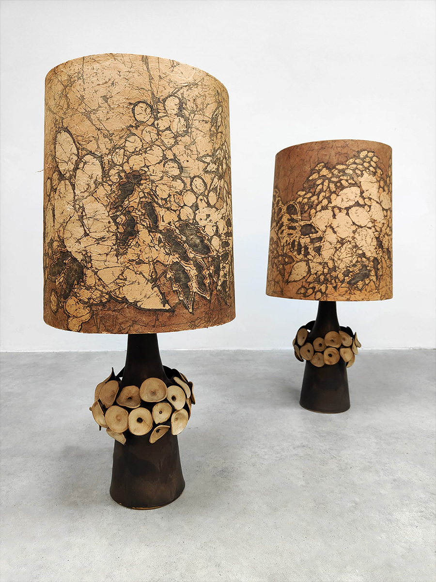 Midcentury design sculptural ceramic table lamps Batikatelier Marianne Koplin Batik lampshades tafellamp keramiek XL