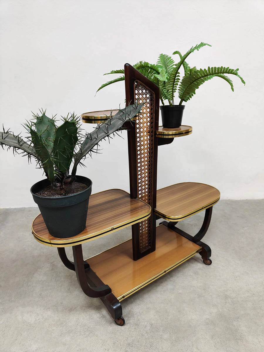 Vintage wooden wicker plant stand 'Multi level'
