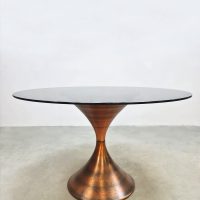 Vintage Italian design brass round dining table smoked glass metalen eetkamertafel